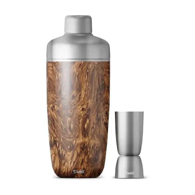 s-well-18oz-stainless-steel-cocktail-shaker-set-with-jigger-teakwood-triple-laye image 1