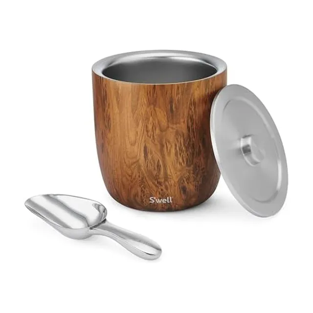 s-well-100-oz-stainless-steel-ice-bucket-xl-with-lid-and-scoop-teakwood-triple-l image 1
