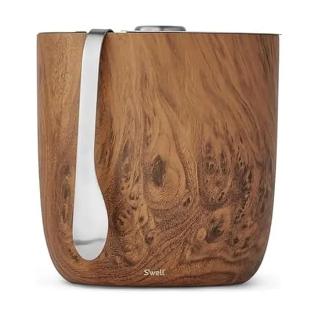 s-well-68oz-stainless-steel-ice-bucket-with-tongs-teakwood-pattern-finish image 1