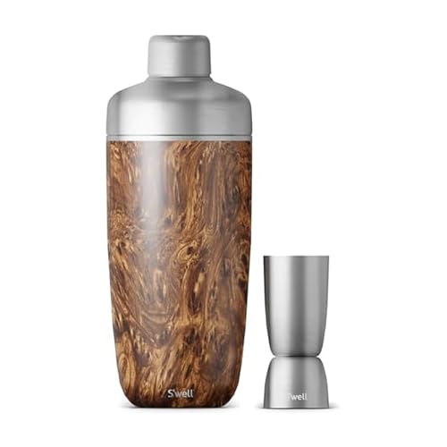s-well-18oz-stainless-steel-cocktail-shaker-set-with-jigger-teakwood-triple-laye image 7