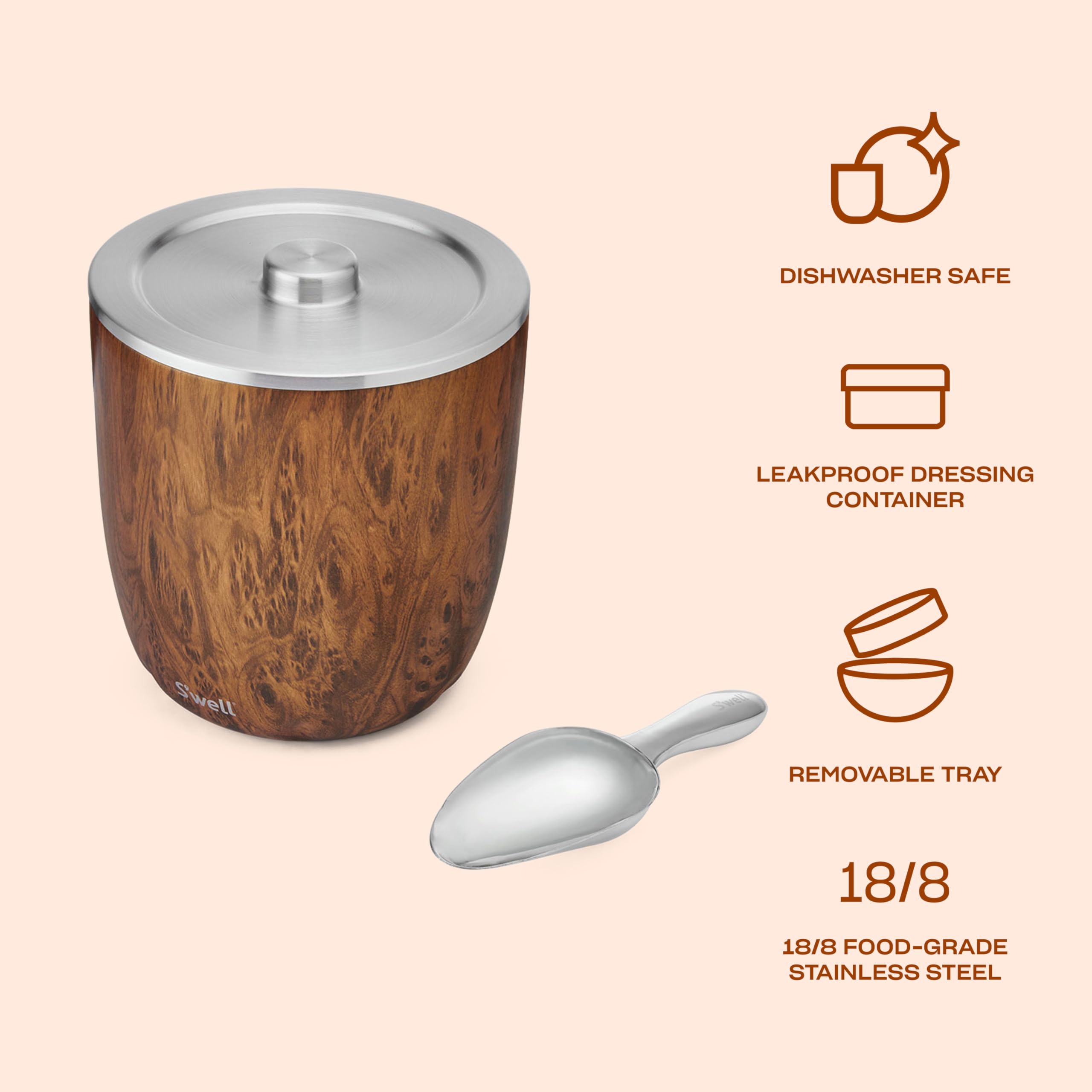 s-well-100-oz-stainless-steel-ice-bucket-xl-with-lid-and-scoop-teakwood-triple-l image 3
