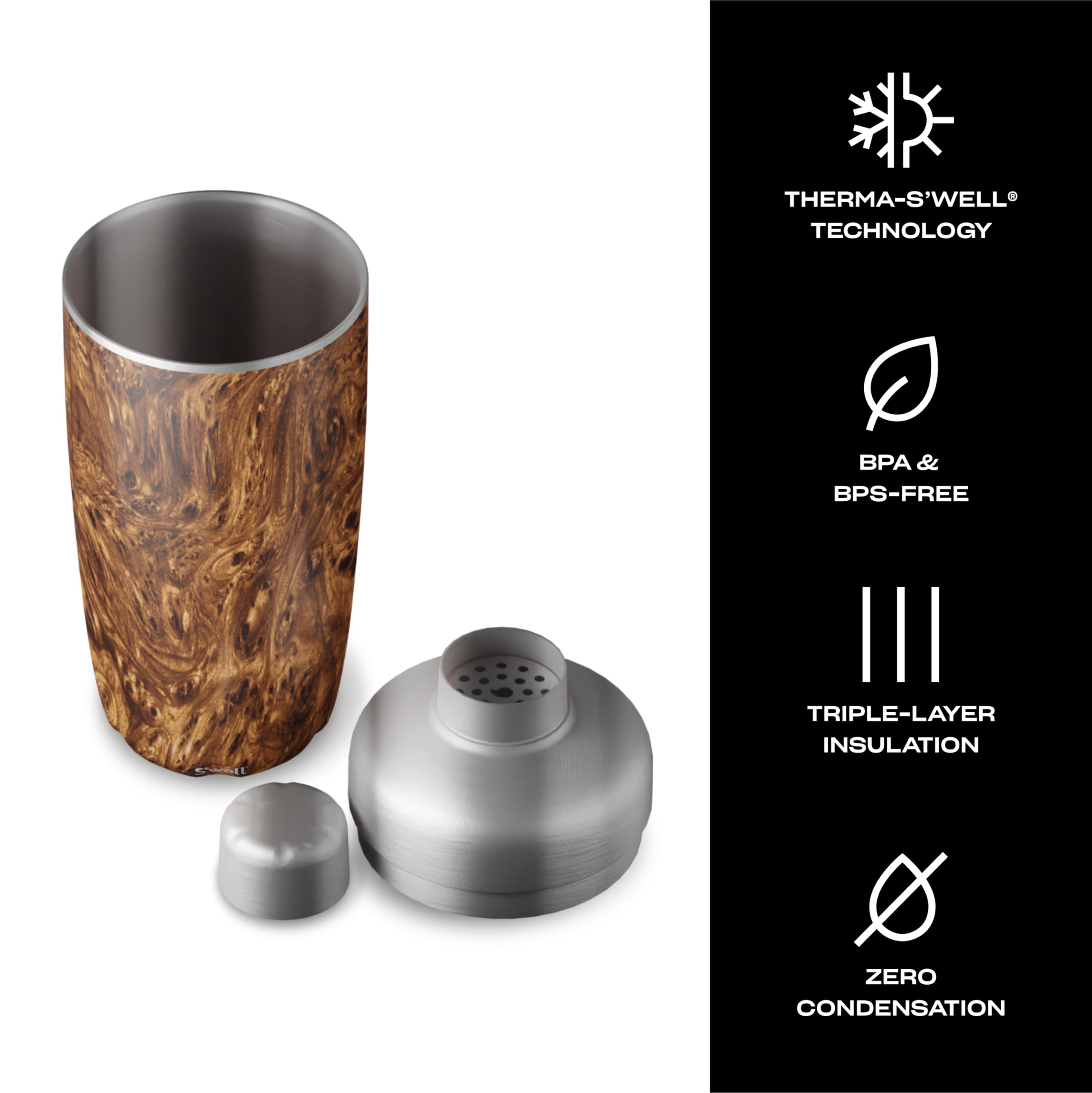 s-well-18oz-stainless-steel-cocktail-shaker-set-with-jigger-teakwood-triple-laye image 3