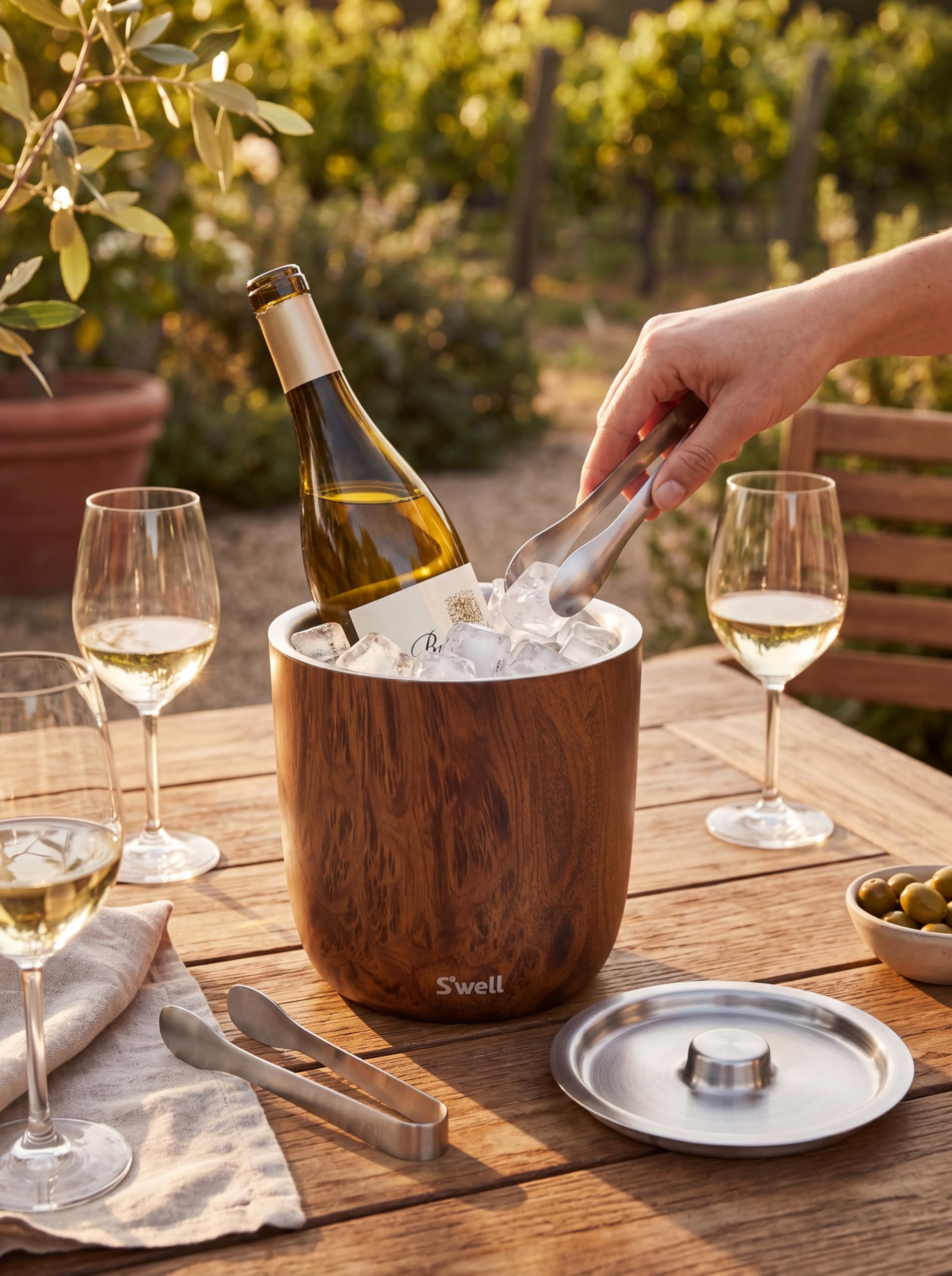 s-well-68oz-stainless-steel-ice-bucket-with-tongs-teakwood-pattern-finish image 5