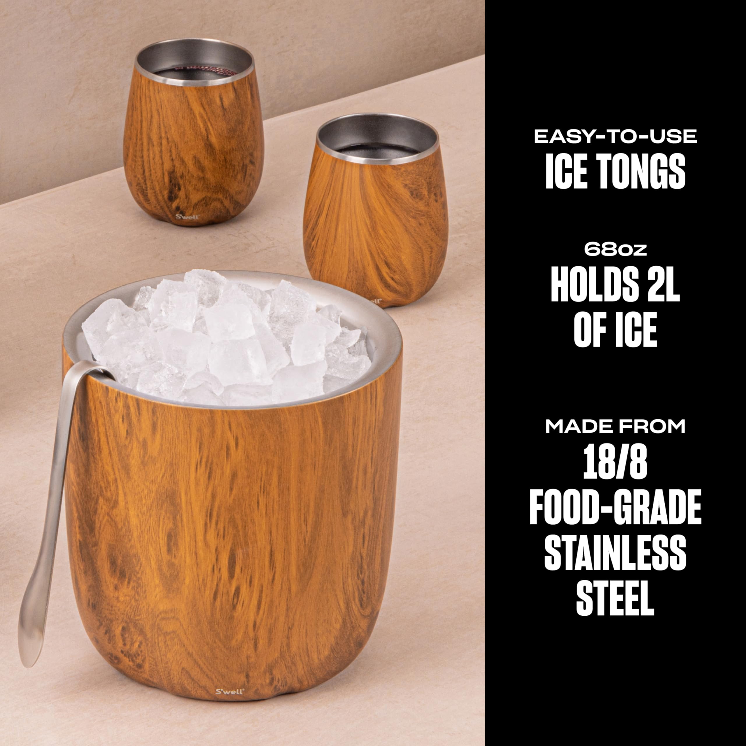 s-well-68oz-stainless-steel-ice-bucket-with-tongs-teakwood-pattern-finish image 2