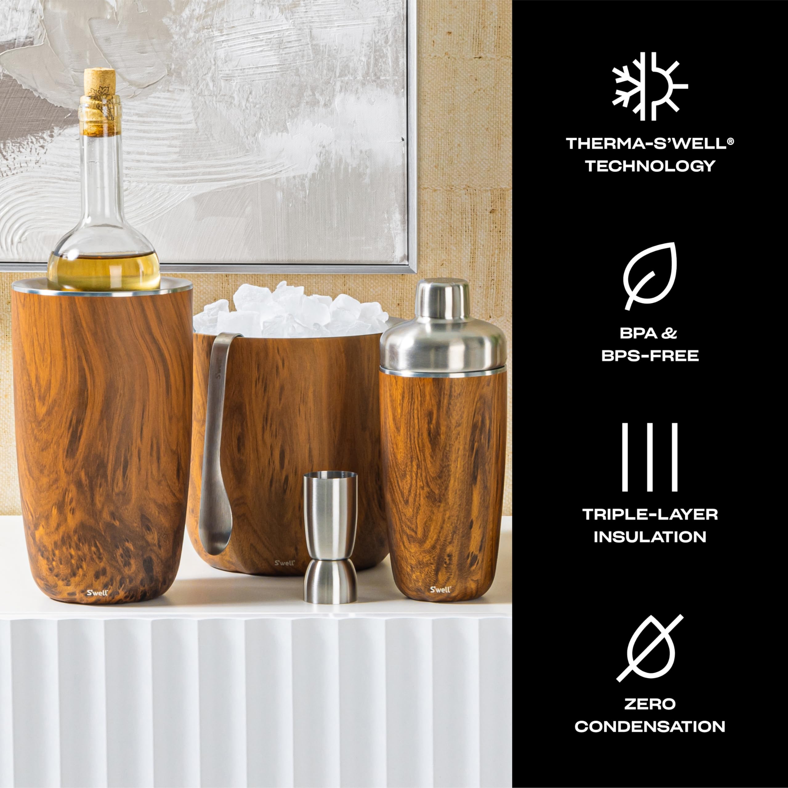 s-well-68oz-stainless-steel-ice-bucket-with-tongs-teakwood-pattern-finish image 3